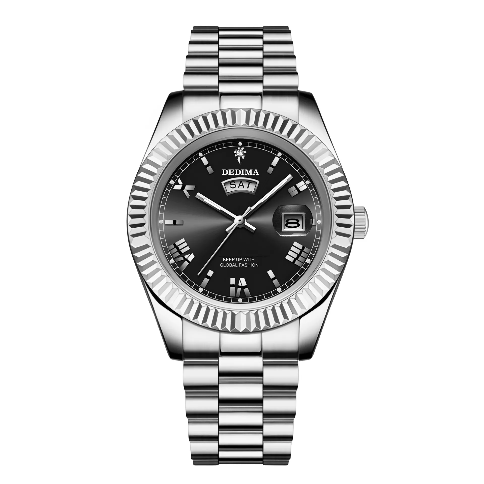 Men's Diamond Roman Numeral Dual Calendar Luminous Watch - Elegant Fashionable Stainless Steel Wristwatch for Business Casual thumbnail 8