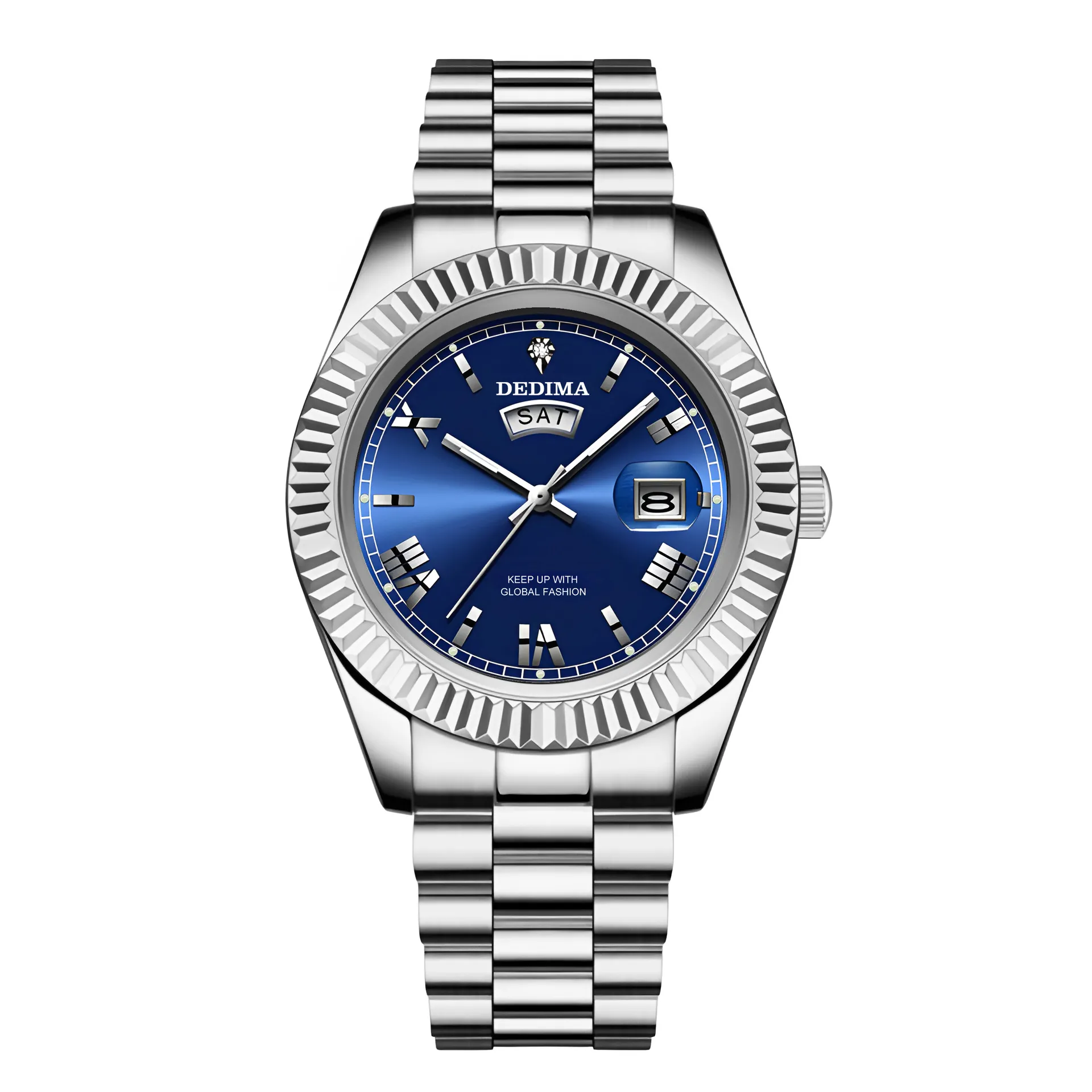 Men's Diamond Roman Numeral Dual Calendar Luminous Watch - Elegant Fashionable Stainless Steel Wristwatch for Business Casual thumbnail 9