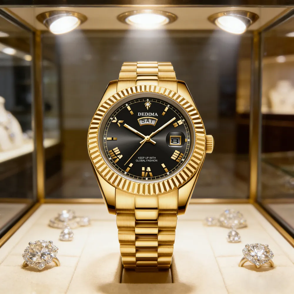 Men's Diamond Roman Numeral Dual Calendar Luminous Watch - Elegant Fashionable Stainless Steel Wristwatch for Business Casual showcase 2