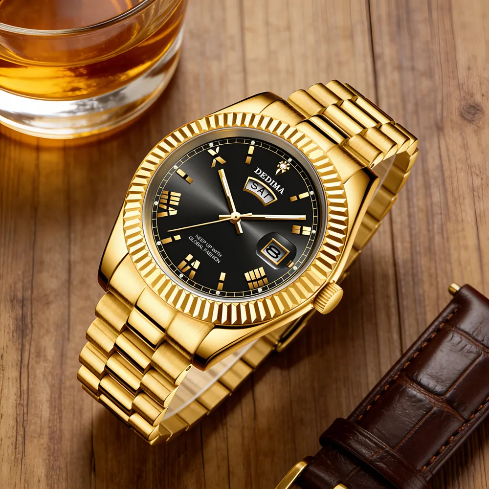 Men's Diamond Roman Numeral Dual Calendar Luminous Watch - Elegant Fashionable Stainless Steel Wristwatch for Business Casual showcase 4
