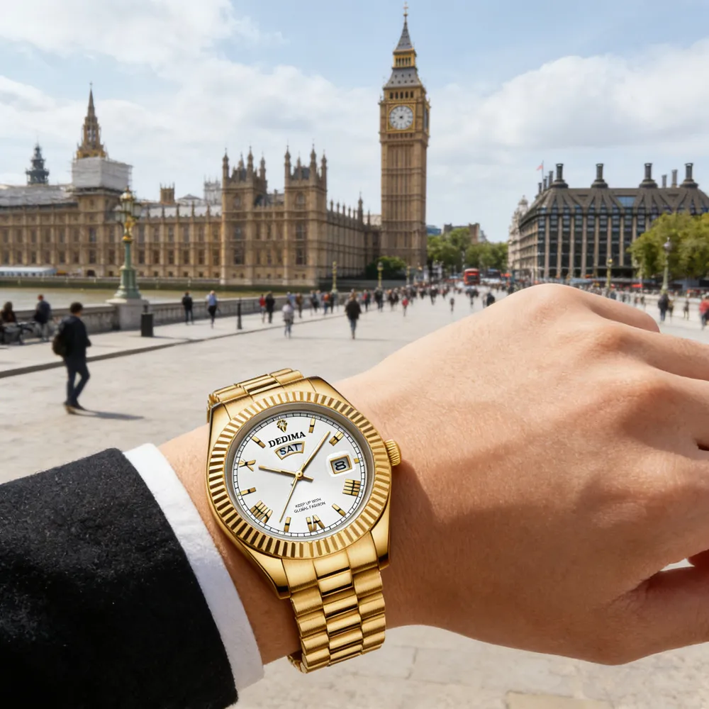 Men's Diamond Roman Numeral Dual Calendar Luminous Watch - Elegant Fashionable Stainless Steel Wristwatch for Business Casual showcase 15