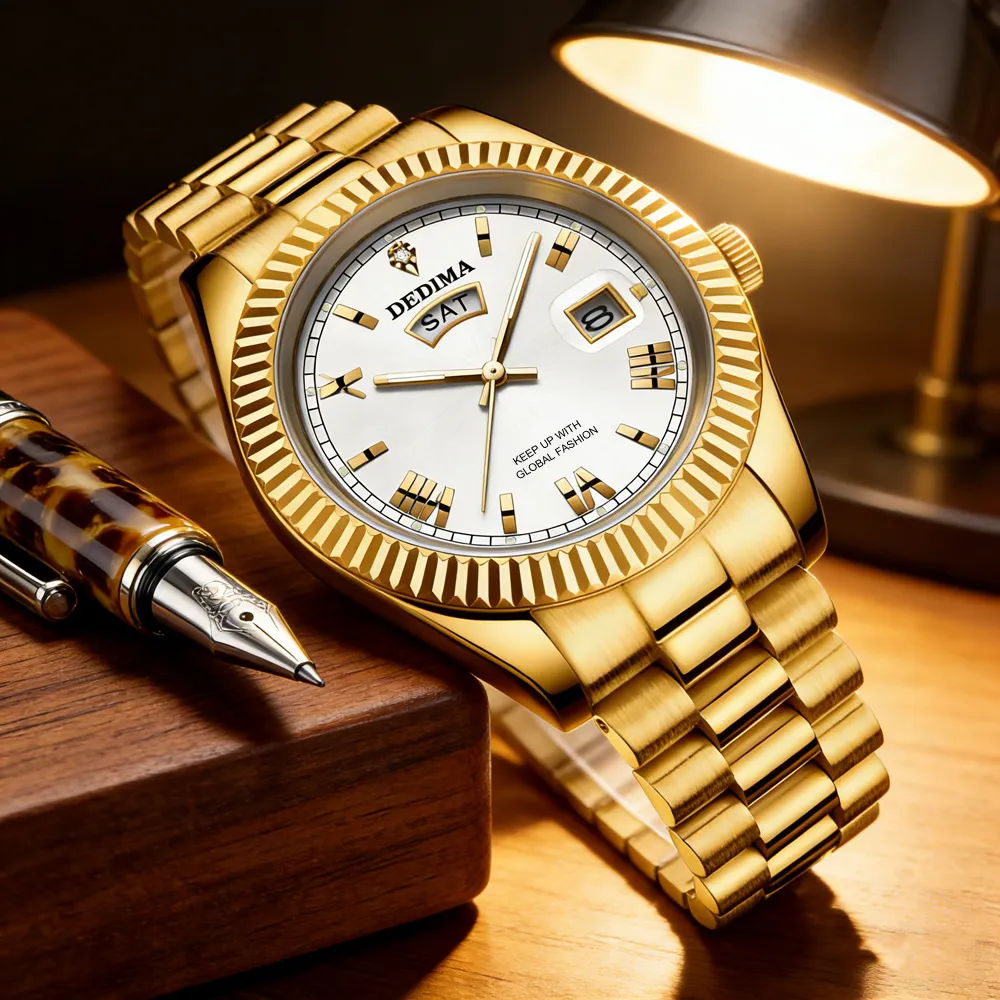 Men's Diamond Roman Numeral Dual Calendar Luminous Watch - Elegant Fashionable Stainless Steel Wristwatch for Business Casual showcase 17
