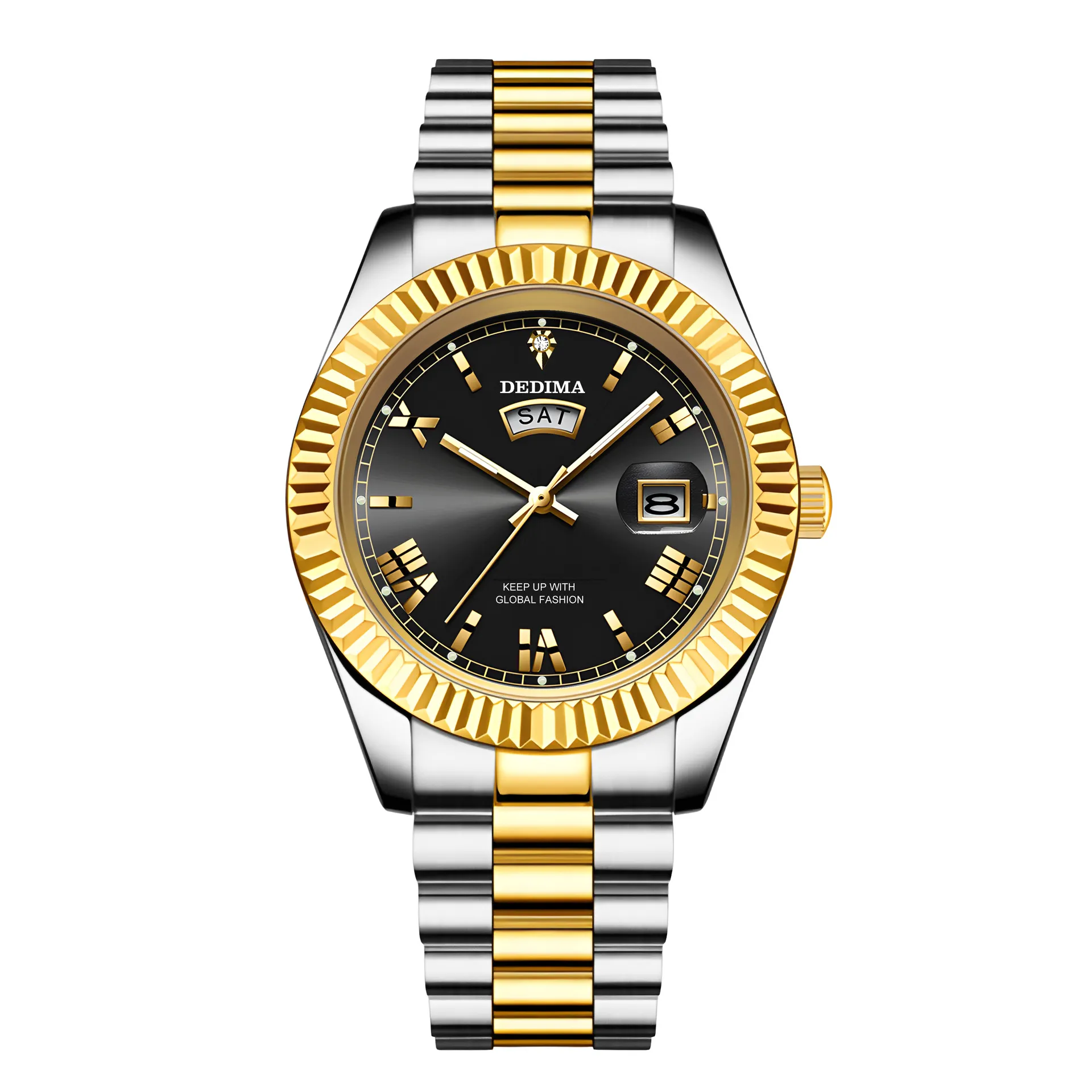 Men's Diamond Roman Numeral Dual Calendar Luminous Watch - Elegant Fashionable Stainless Steel Wristwatch for Business Casual thumbnail 10