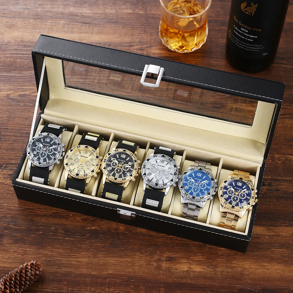 Men's Stainless Steel Quartz Watch Set - 6 Piece Gift Box - Fashion Wristwatch, Bracelet, Necklace, Earrings, Ring - Party, Business, Casual thumbnail 8