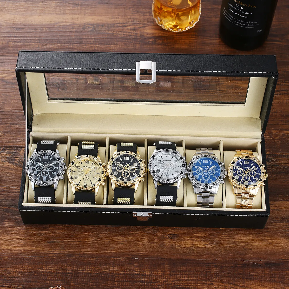 Men's Stainless Steel Quartz Watch Set - 6 Piece Gift Box - Fashion Wristwatch, Bracelet, Necklace, Earrings, Ring - Party, Business, Casual showcase 12