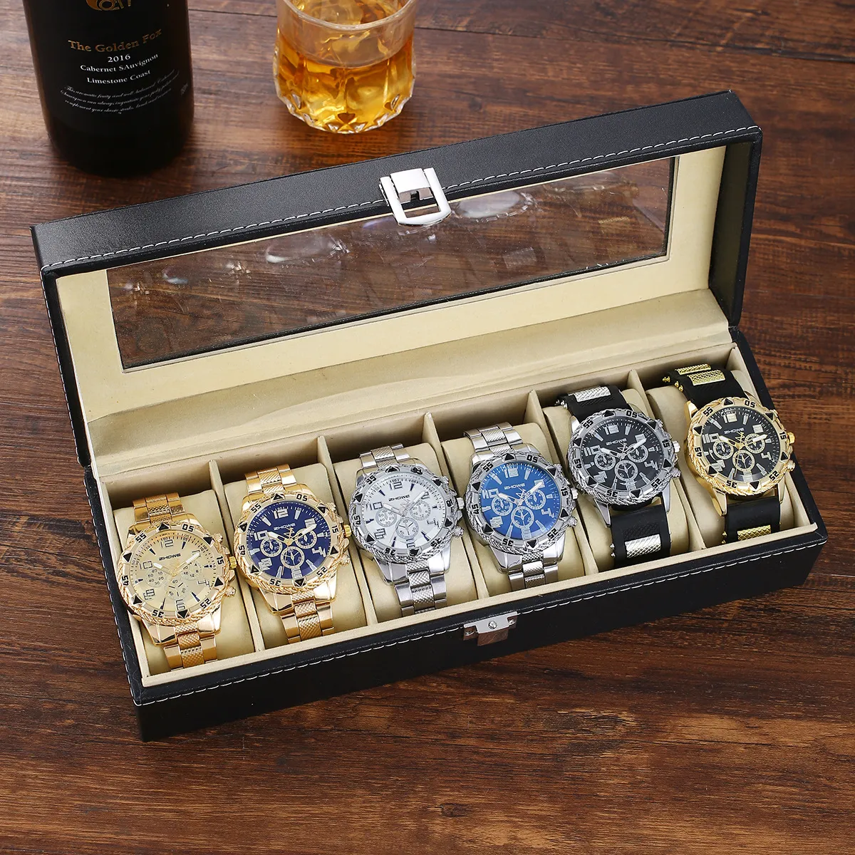 Men's Stainless Steel Quartz Watch Set - 6 Piece Gift Box - Fashion Wristwatch, Bracelet, Necklace, Earrings, Ring - Party, Business, Casual showcase 15