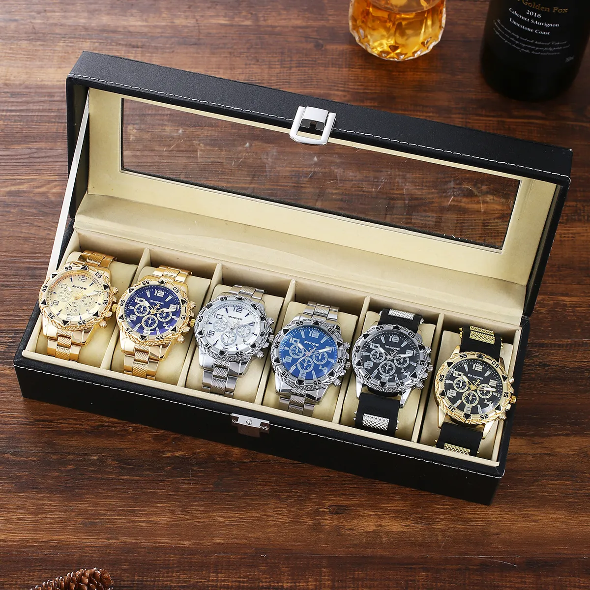 Men's Stainless Steel Quartz Watch Set - 6 Piece Gift Box - Fashion Wristwatch, Bracelet, Necklace, Earrings, Ring - Party, Business, Casual showcase 17