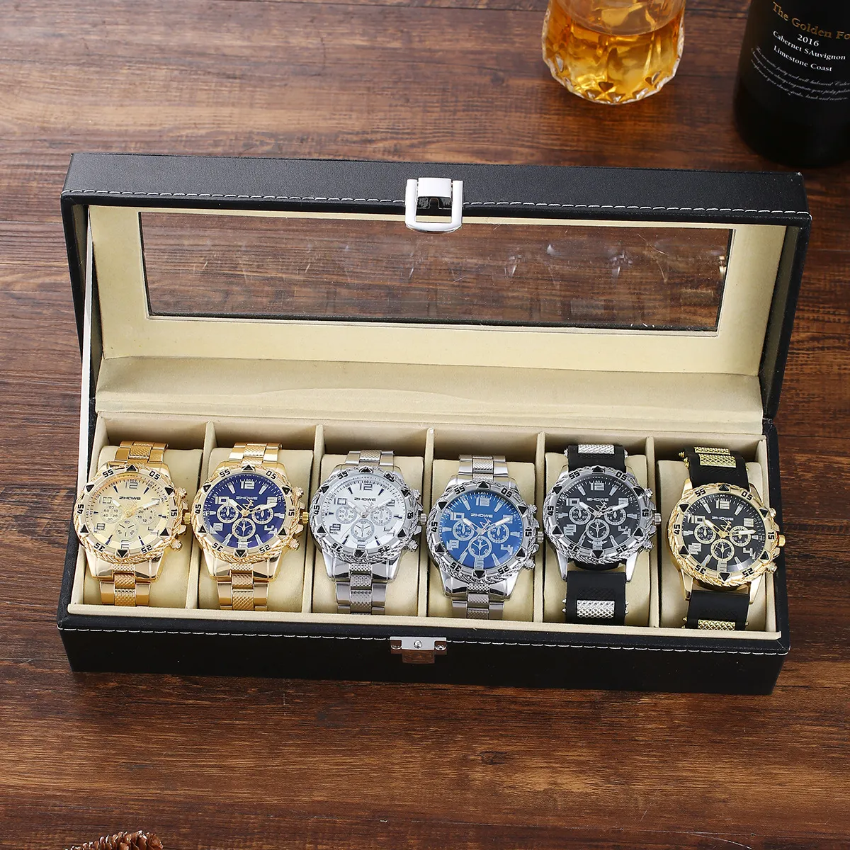 Men's Stainless Steel Quartz Watch Set - 6 Piece Gift Box - Fashion Wristwatch, Bracelet, Necklace, Earrings, Ring - Party, Business, Casual showcase 16