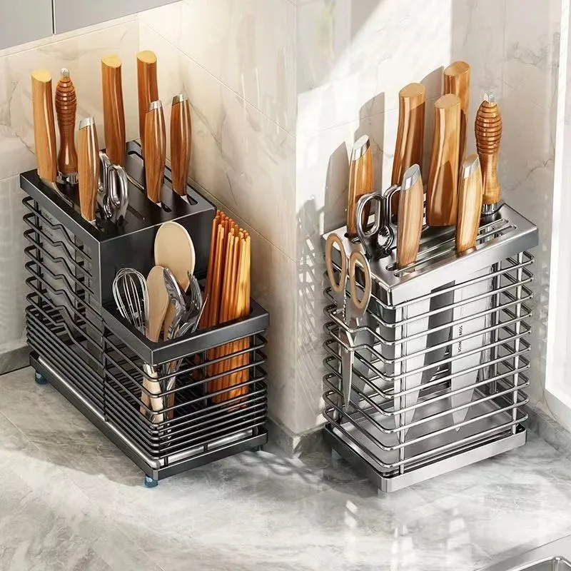 Stainless Steel Knife Block Holder Countertop Organizer - Multifunctional Utensil, Chopsticks, and Tableware Storage Rack - Wall Mountable Kitchen Supplies thumbnail 1