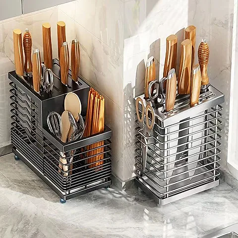 Stainless Steel Knife Block Holder Countertop Organizer - Multifunctional Utensil, Chopsticks, and Tableware Storage Rack - Wall Mountable Kitchen Supplies