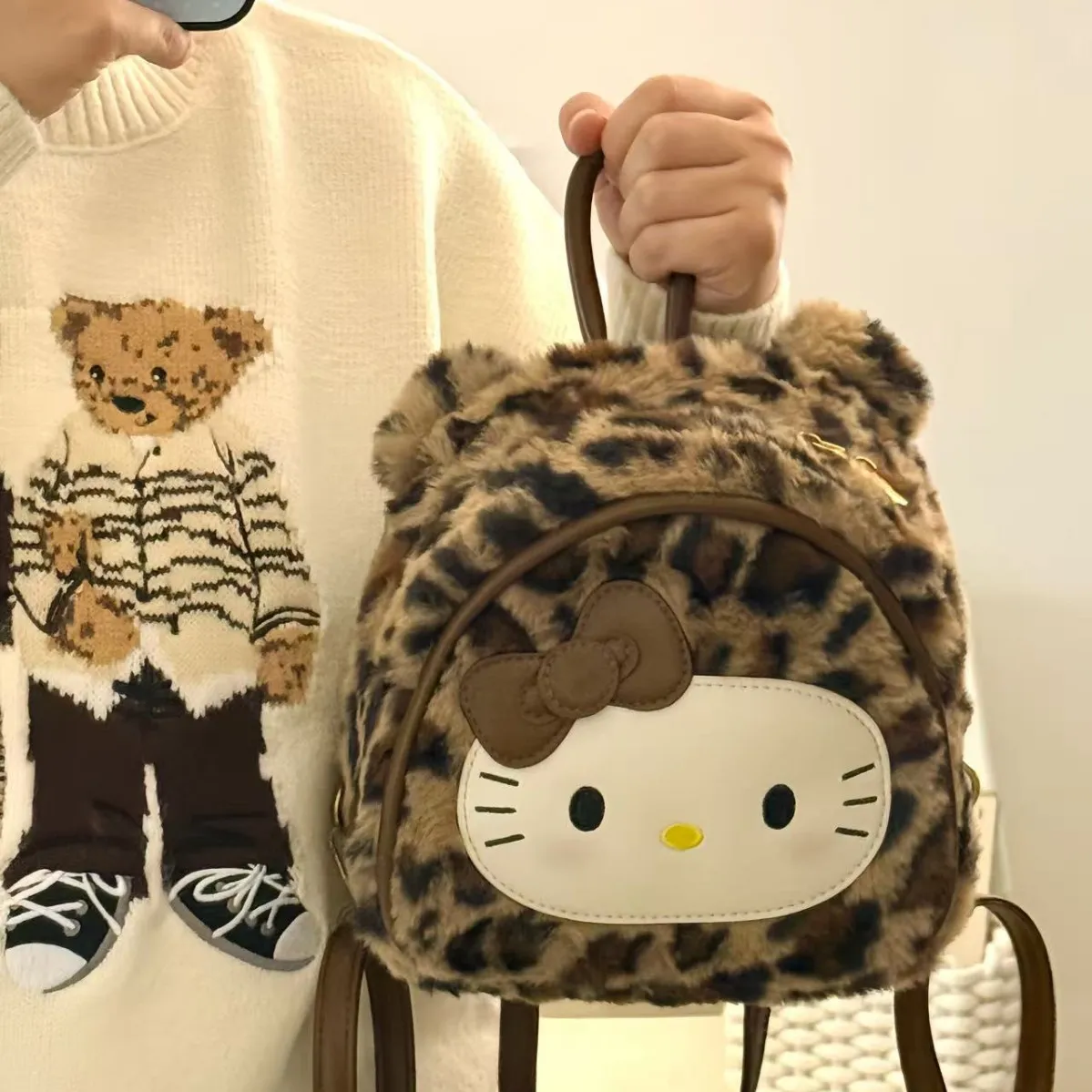 Cartoon Leopard Print Hello Kitty Backpack for Women - Large Capacity Plush Student School Bag - Cute and Versatile Retro Style thumbnail 1