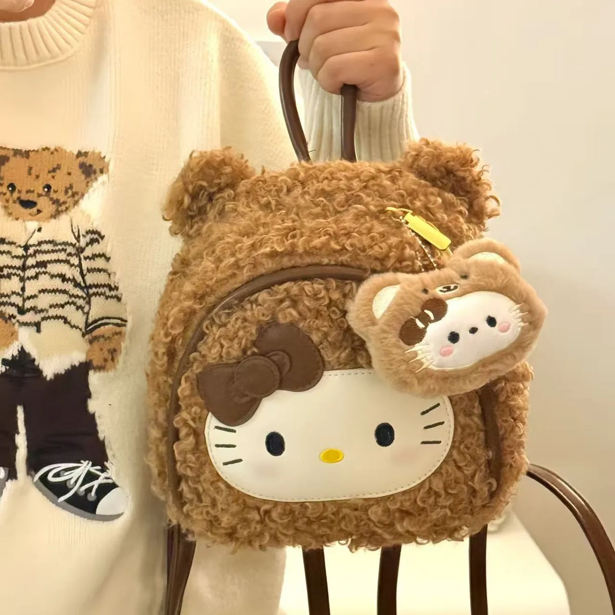Cartoon Leopard Print Hello Kitty Backpack for Women - Large Capacity Plush Student School Bag - Cute and Versatile Retro Style thumbnail 4