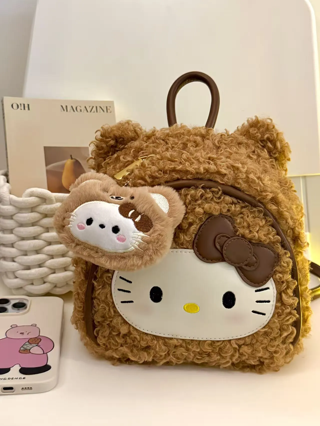Cartoon Leopard Print Hello Kitty Backpack for Women - Large Capacity Plush Student School Bag - Cute and Versatile Retro Style thumbnail 7
