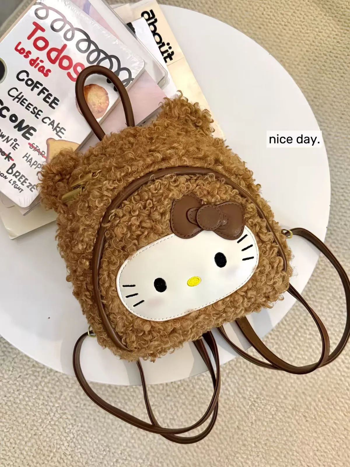 Cartoon Leopard Print Hello Kitty Backpack for Women - Large Capacity Plush Student School Bag - Cute and Versatile Retro Style showcase 5
