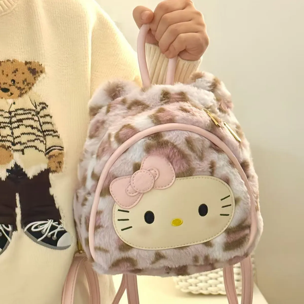 Cartoon Leopard Print Hello Kitty Backpack for Women - Large Capacity Plush Student School Bag - Cute and Versatile Retro Style thumbnail 3
