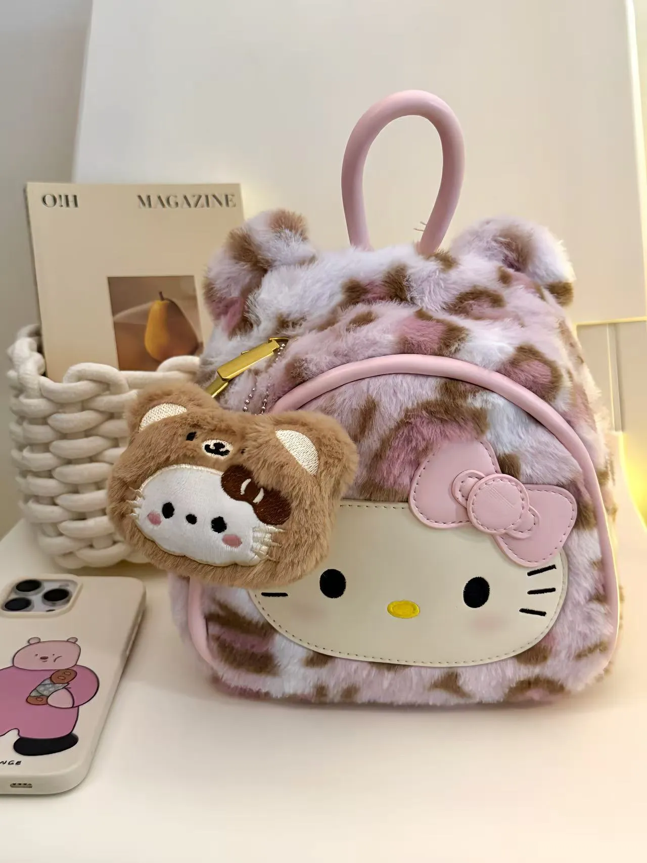 Cartoon Leopard Print Hello Kitty Backpack for Women - Large Capacity Plush Student School Bag - Cute and Versatile Retro Style thumbnail 6