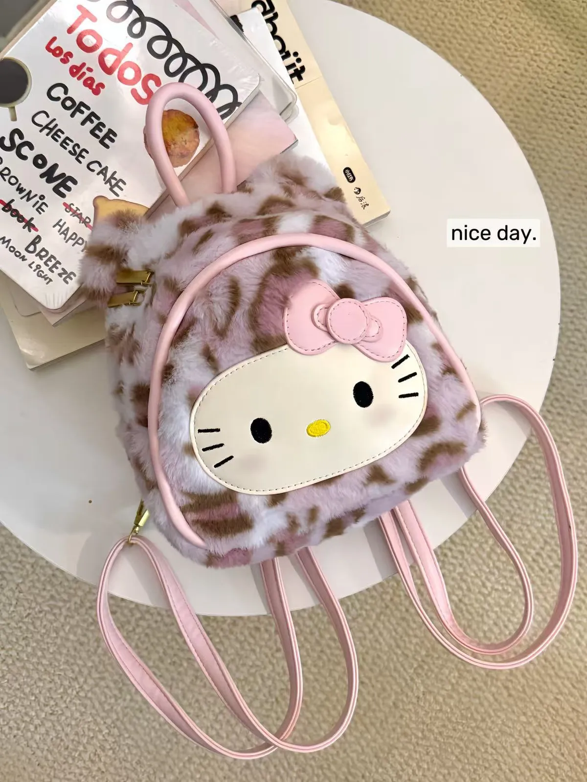 Cartoon Leopard Print Hello Kitty Backpack for Women - Large Capacity Plush Student School Bag - Cute and Versatile Retro Style showcase 6