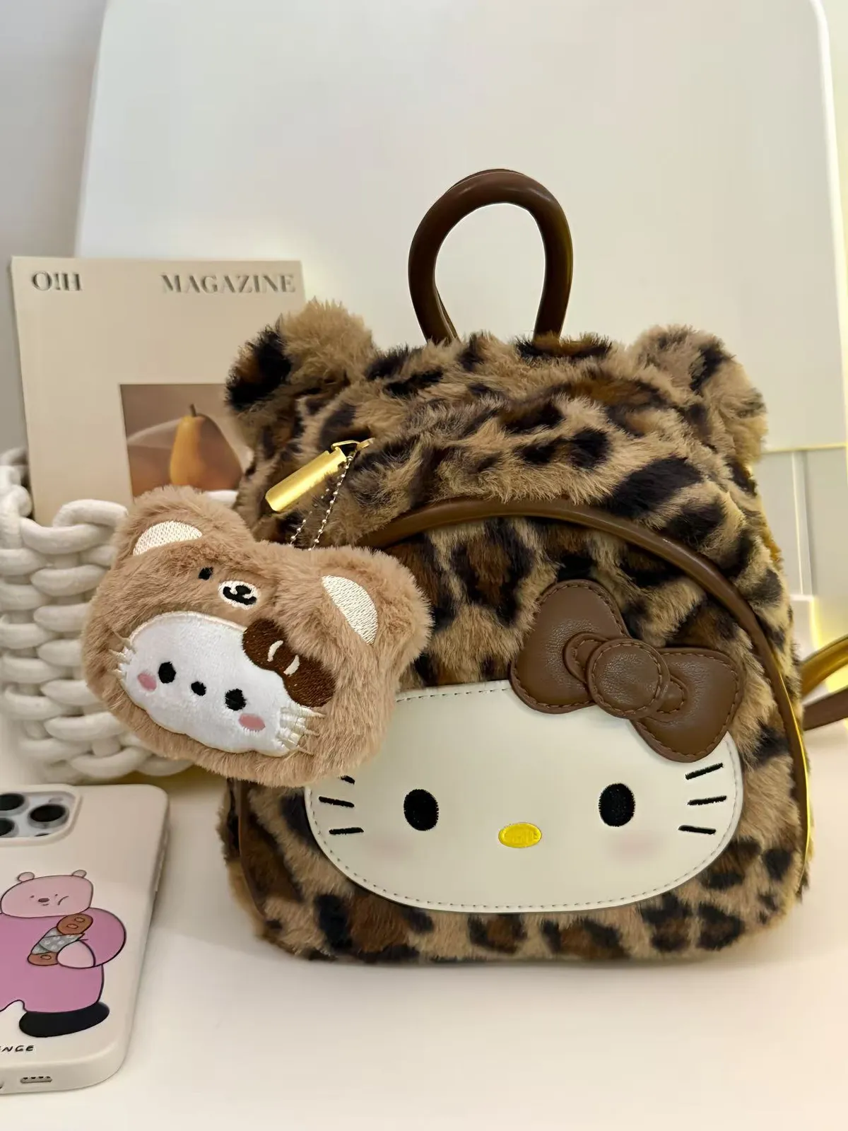Cartoon Leopard Print Hello Kitty Backpack for Women - Large Capacity Plush Student School Bag - Cute and Versatile Retro Style showcase 3