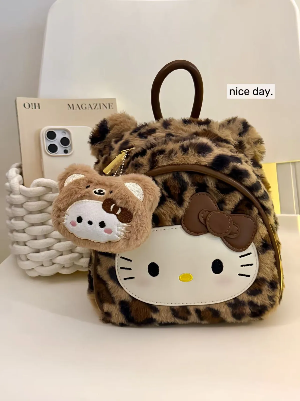 Cartoon Leopard Print Hello Kitty Backpack for Women - Large Capacity Plush Student School Bag - Cute and Versatile Retro Style showcase 2