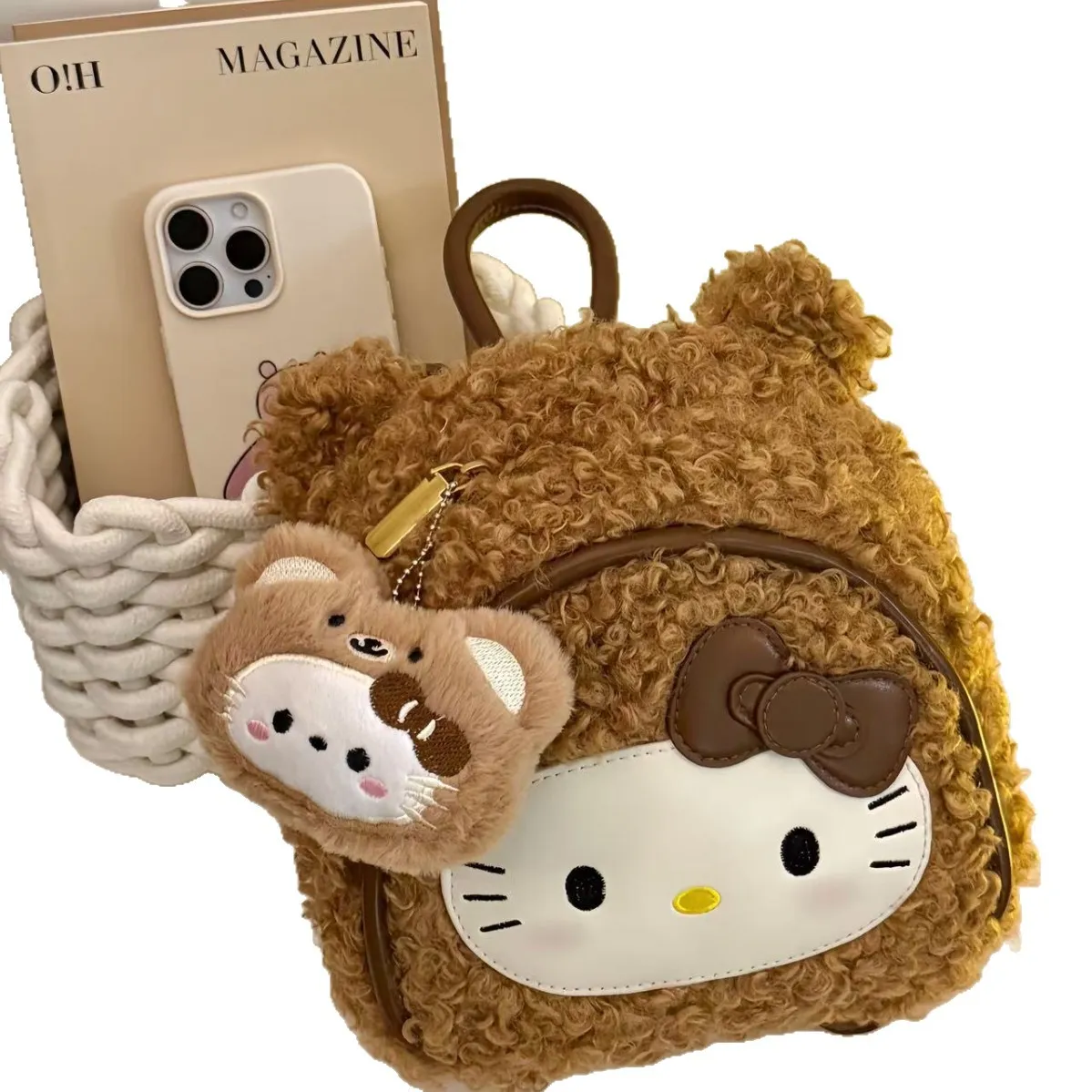 Cartoon Leopard Print Hello Kitty Backpack for Women - Large Capacity Plush Student School Bag - Cute and Versatile Retro Style thumbnail 5
