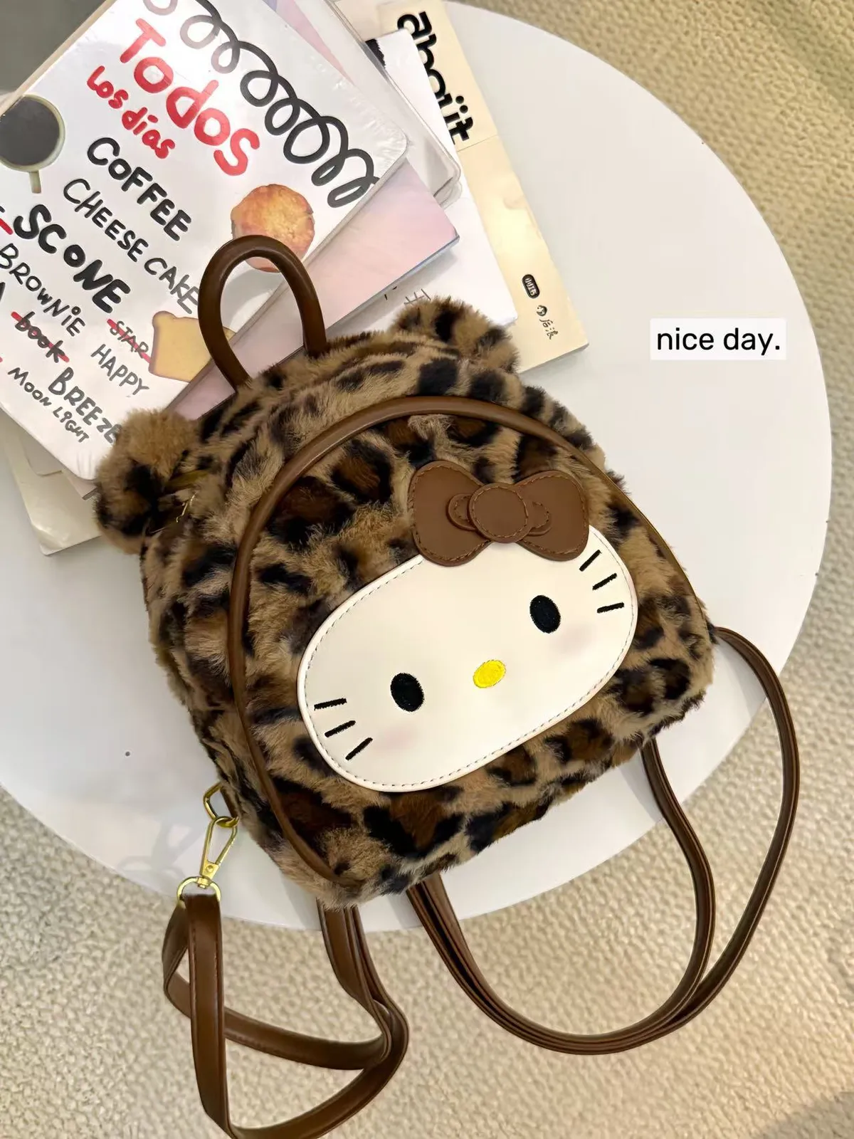 Cartoon Leopard Print Hello Kitty Backpack for Women - Large Capacity Plush Student School Bag - Cute and Versatile Retro Style showcase 4