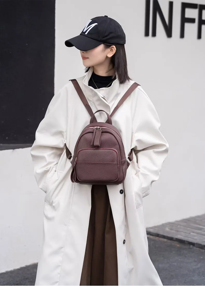 Women's Genuine Leather Backpack, Top Layer Cowhide Togo Leather, Simple Commuter Travel Schoolbag, Elegant All-Match Design, Ladies Fashion Backpack showcase 9