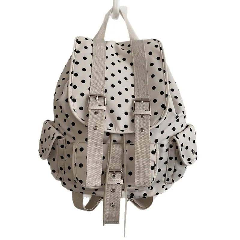 Korean Style Canvas Backpack for Women - College School Bag with Polka Dot Print - Lightweight Casual Daypack for Students & Travel thumbnail 5