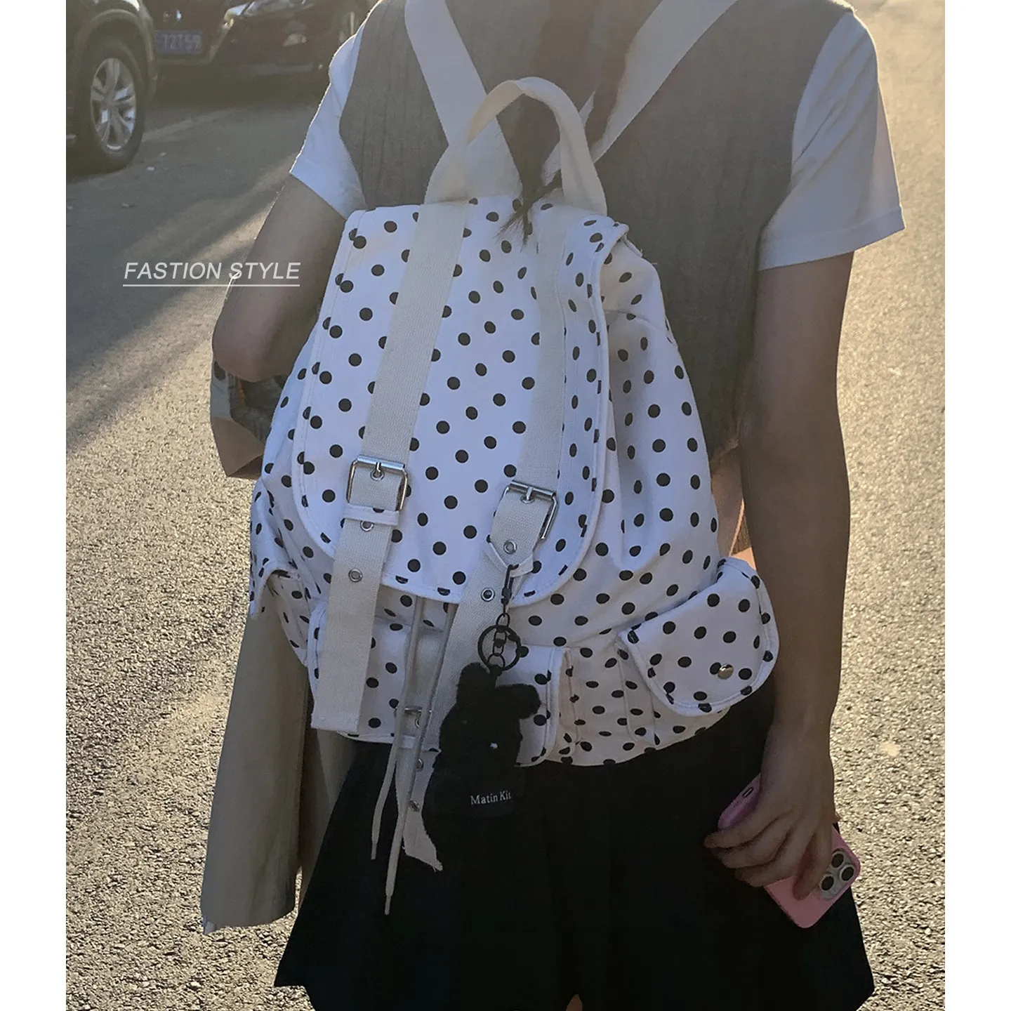 Korean Style Canvas Backpack for Women - College School Bag with Polka Dot Print - Lightweight Casual Daypack for Students & Travel thumbnail 3
