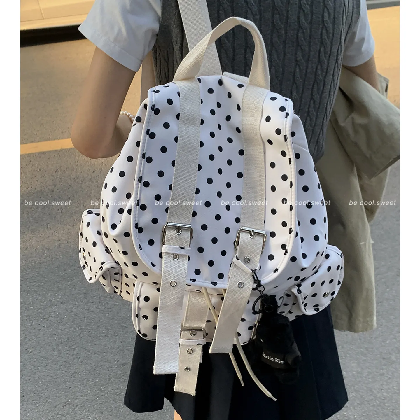 Korean Style Canvas Backpack for Women - College School Bag with Polka Dot Print - Lightweight Casual Daypack for Students & Travel thumbnail 2