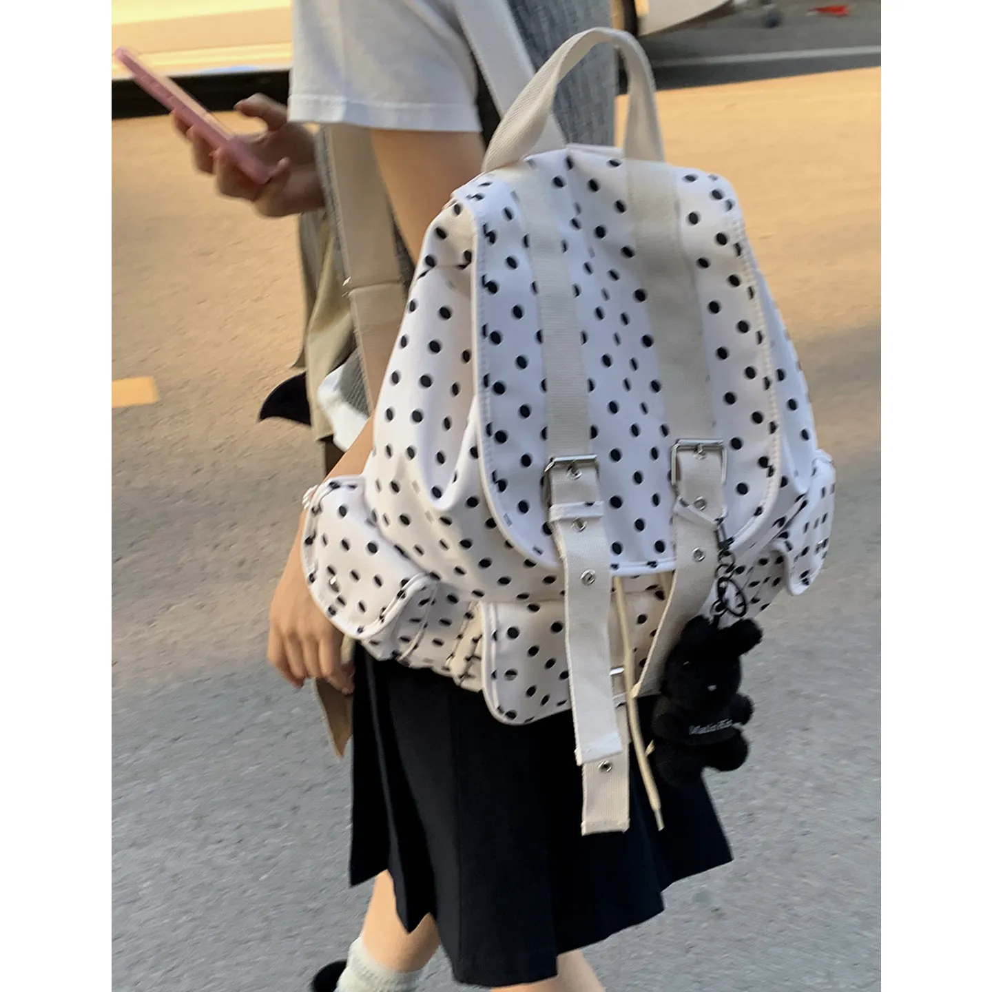 Korean Style Canvas Backpack for Women - College School Bag with Polka Dot Print - Lightweight Casual Daypack for Students & Travel thumbnail 6