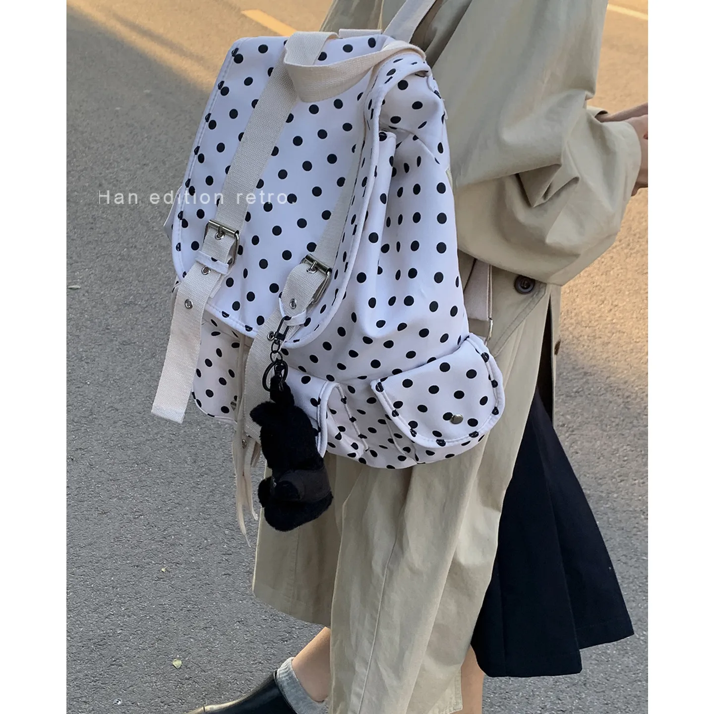 Korean Style Canvas Backpack for Women - College School Bag with Polka Dot Print - Lightweight Casual Daypack for Students & Travel thumbnail 1