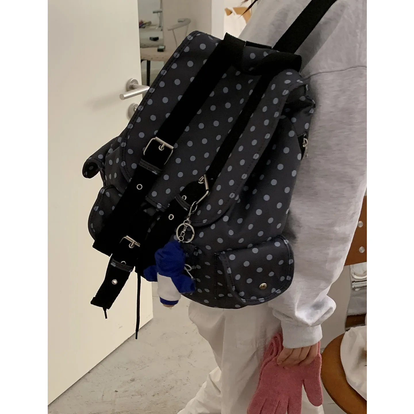 Korean Style Canvas Backpack for Women - College School Bag with Polka Dot Print - Lightweight Casual Daypack for Students & Travel thumbnail 7
