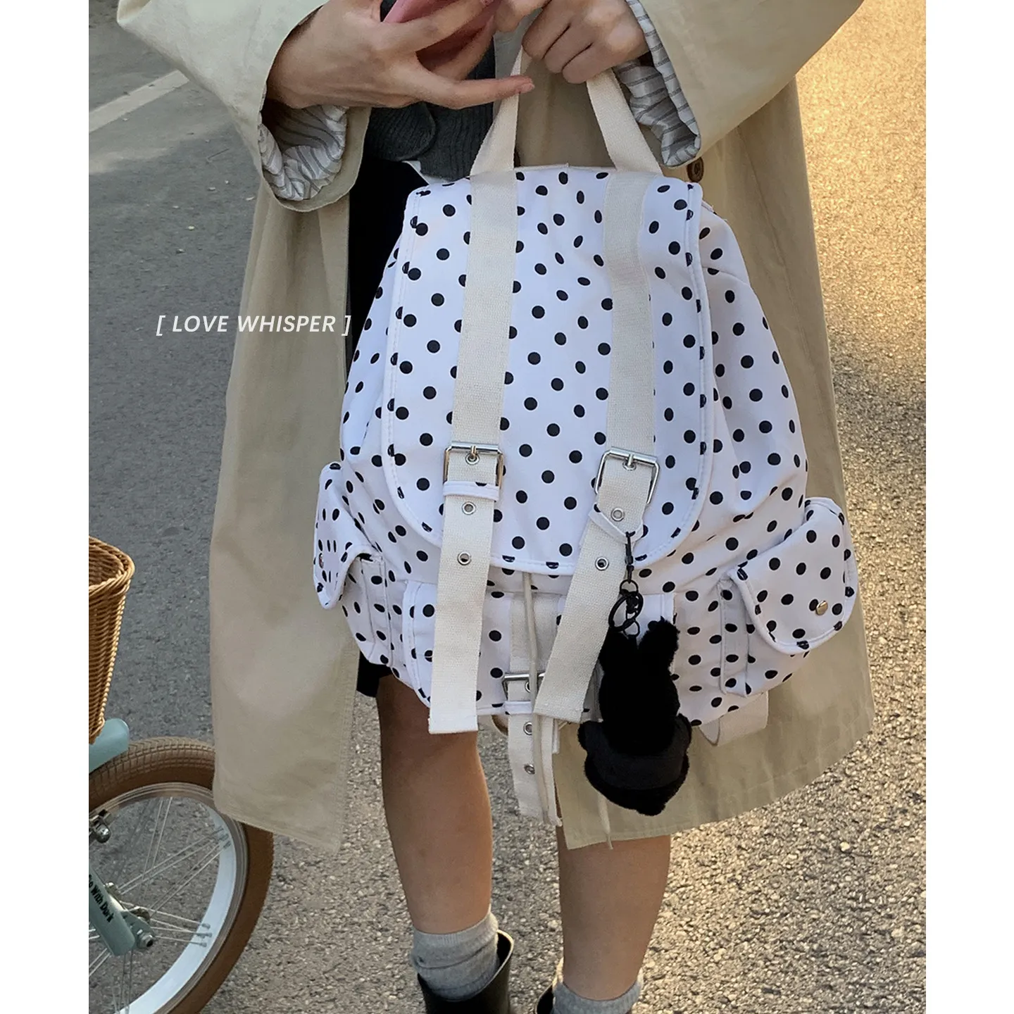 Korean Style Canvas Backpack for Women - College School Bag with Polka Dot Print - Lightweight Casual Daypack for Students & Travel thumbnail 4