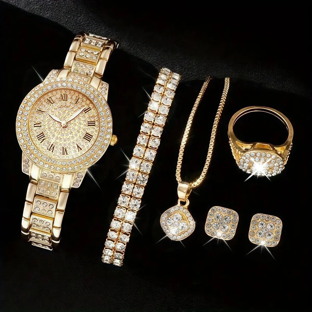 Women's Diamond Quartz Watch Set - Elegant 5-Piece Bracelet Accessories - European American Fashion Wristwatch for Ladies thumbnail 1