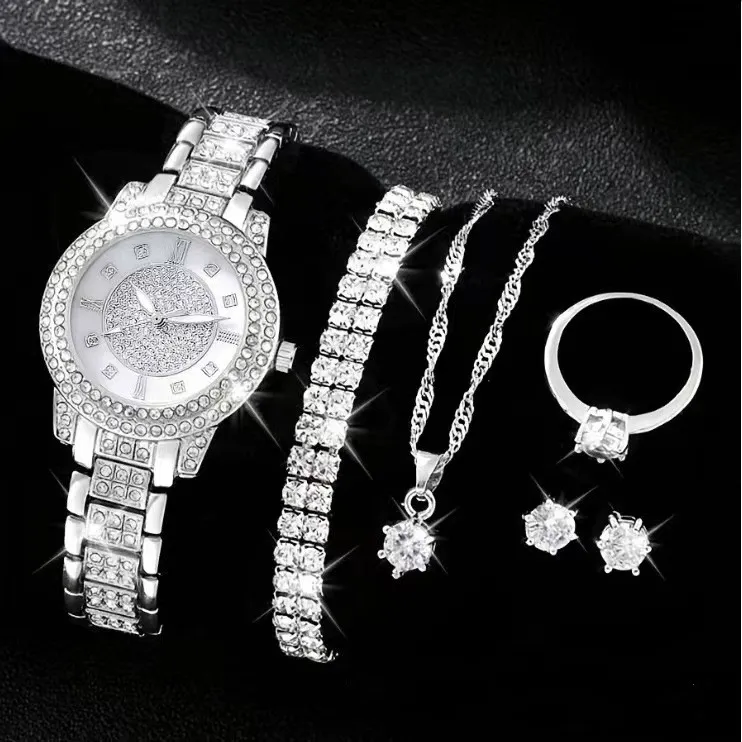 Women's Diamond Quartz Watch Set - Elegant 5-Piece Bracelet Accessories - European American Fashion Wristwatch for Ladies thumbnail 3