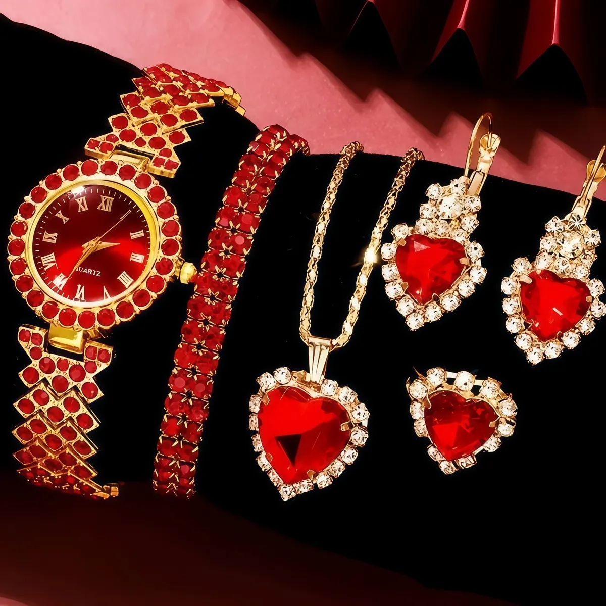 Women's Diamond Quartz Watch Set - Elegant 5-Piece Bracelet Accessories - European American Fashion Wristwatch for Ladies showcase 9
