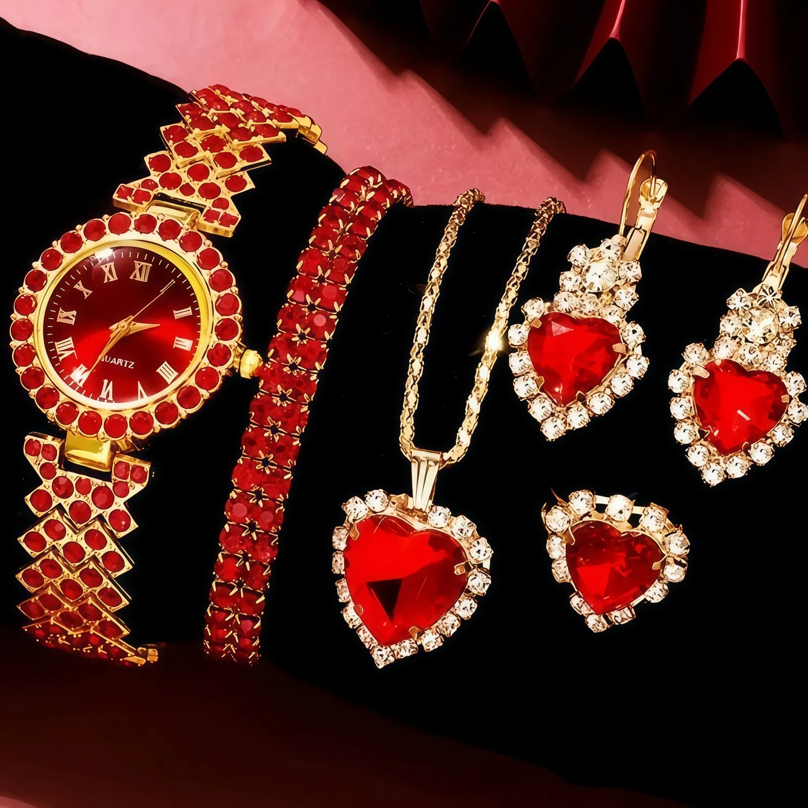 Women's Diamond Quartz Watch Set - Elegant 5-Piece Bracelet Accessories - European American Fashion Wristwatch for Ladies thumbnail 4