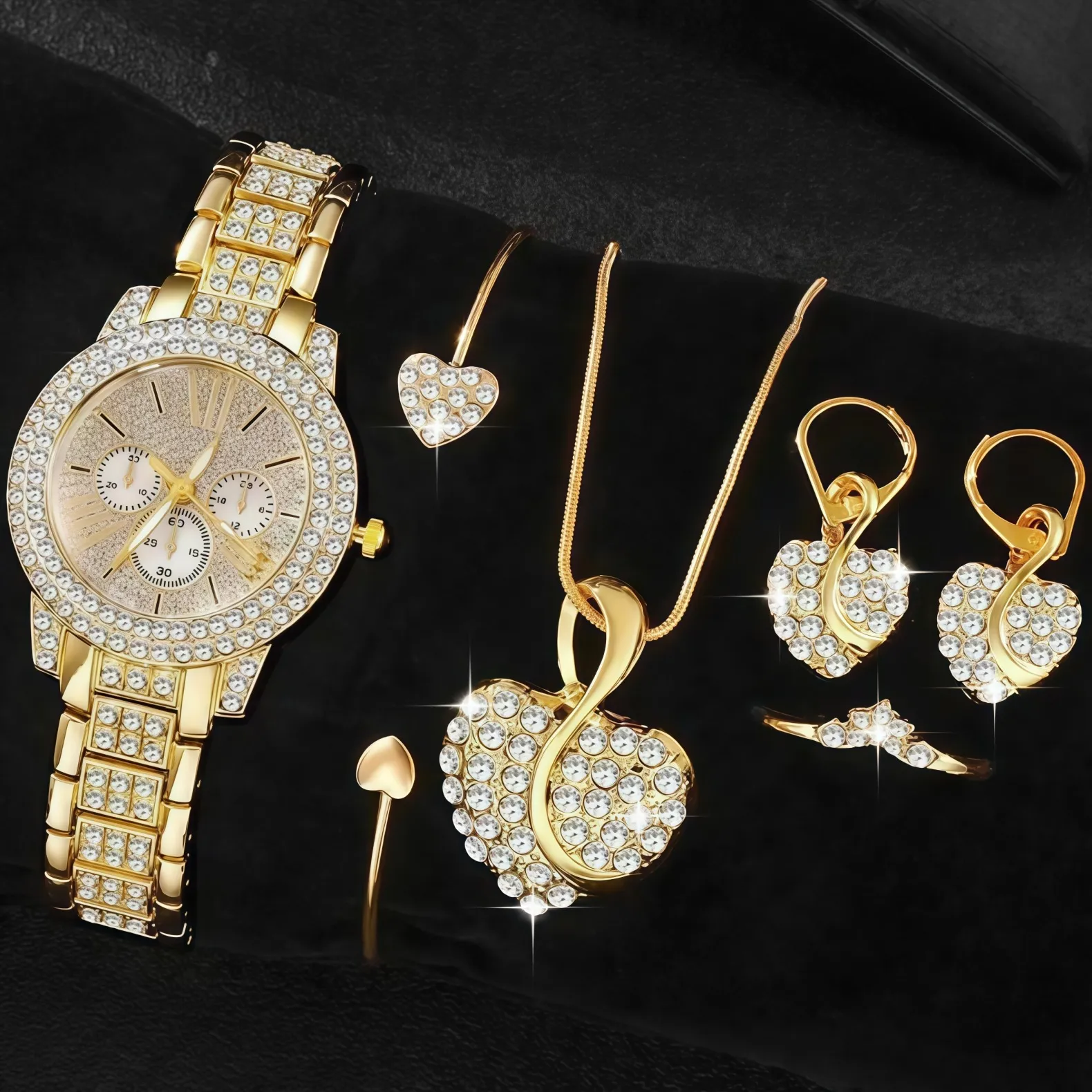 Women's Diamond Quartz Watch Set - Elegant 5-Piece Bracelet Accessories - European American Fashion Wristwatch for Ladies thumbnail 6