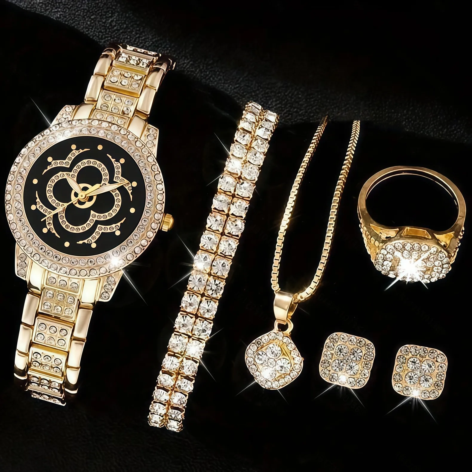 Women's Diamond Quartz Watch Set - Elegant 5-Piece Bracelet Accessories - European American Fashion Wristwatch for Ladies thumbnail 2