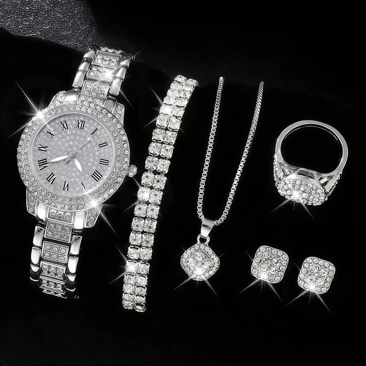 Women's Diamond Quartz Watch Set - Elegant 5-Piece Bracelet Accessories - European American Fashion Wristwatch for Ladies showcase 6