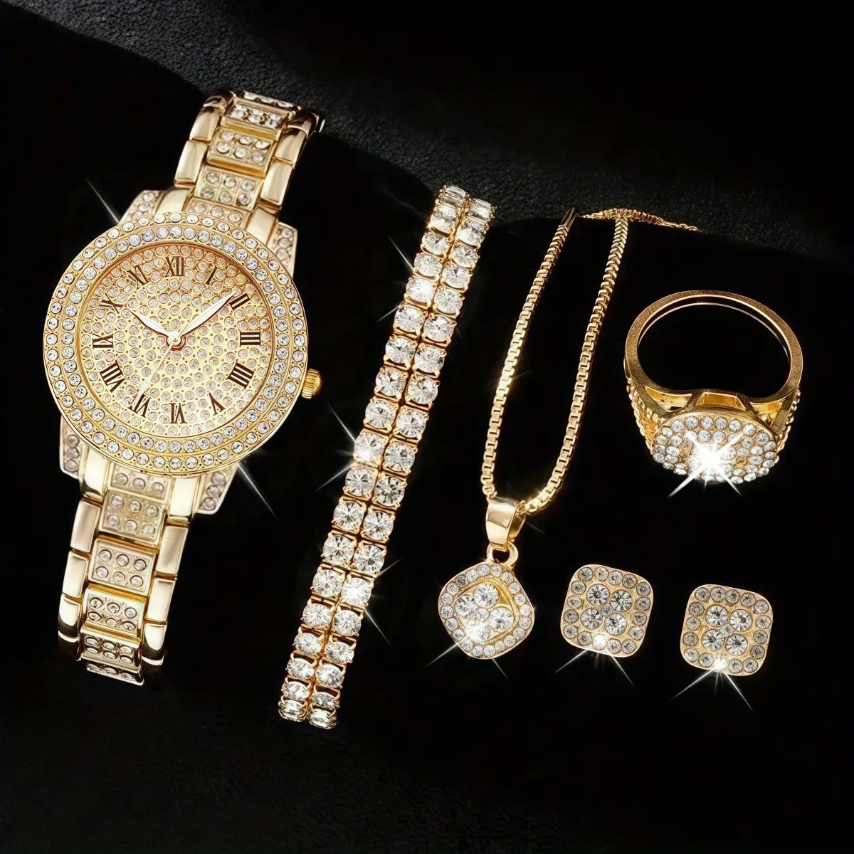 Women's Diamond Quartz Watch Set - Elegant 5-Piece Bracelet Accessories - European American Fashion Wristwatch for Ladies showcase 5