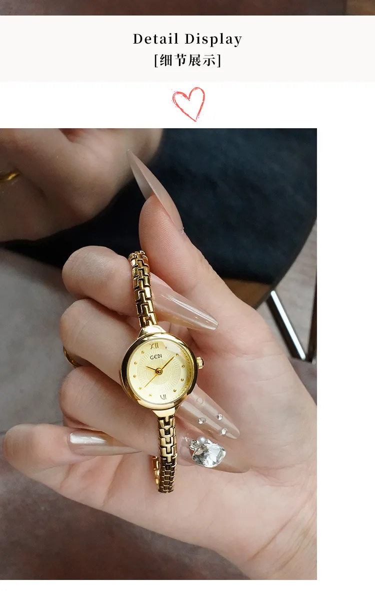 Gold Women's Quartz Bracelet Watch Waterproof Small Exquisite Luxury Niche Second-Hand Style Versatile Wristwatch for Ladies Fashion showcase 3