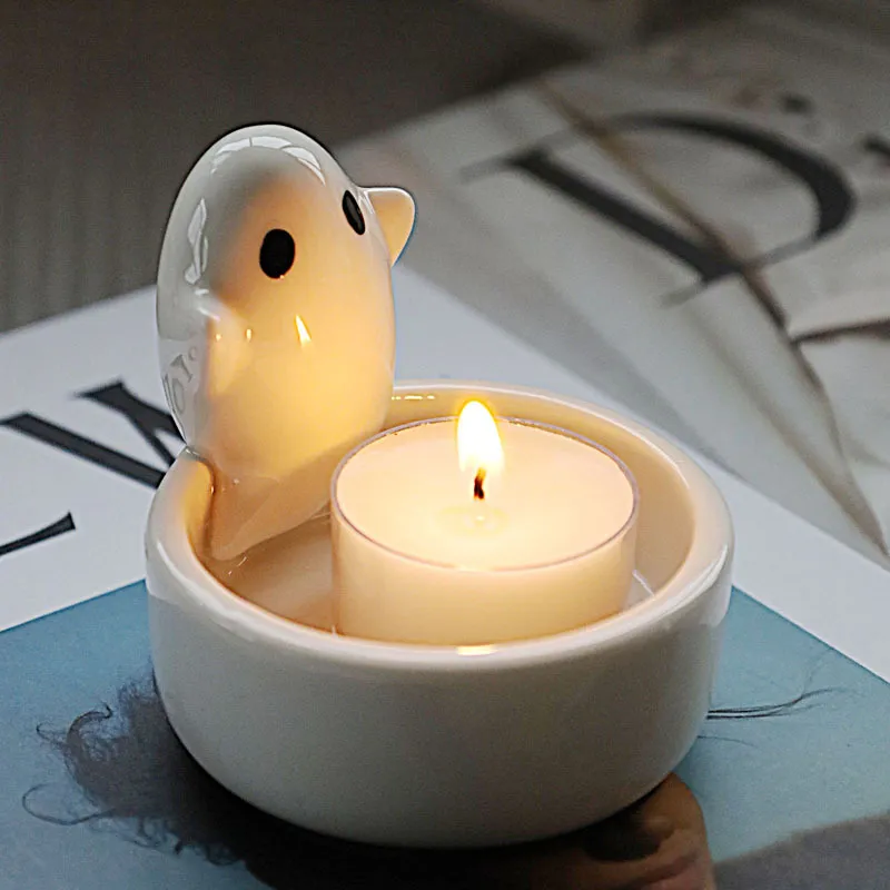 Halloween Ghost Candle Holder - Ceramic Candlestick for Taper Candles - Cute Nordic Style Home Decor Ornament - Spooky Season Gift thumbnail 2