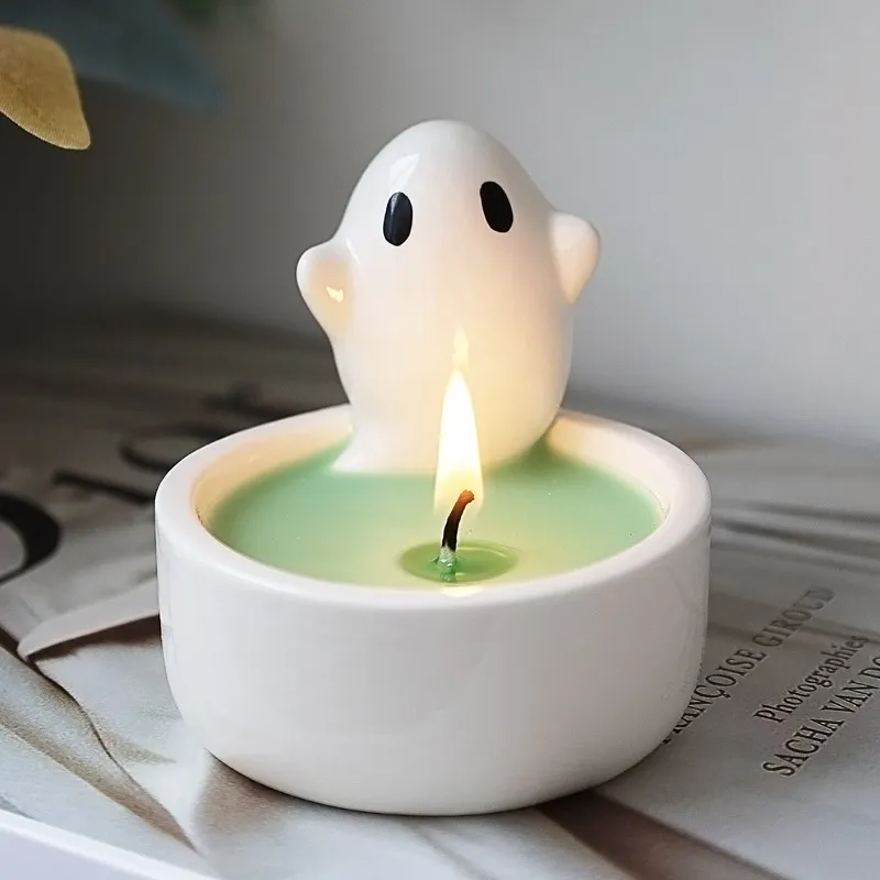 Halloween Ghost Candle Holder - Ceramic Candlestick for Taper Candles - Cute Nordic Style Home Decor Ornament - Spooky Season Gift thumbnail 1