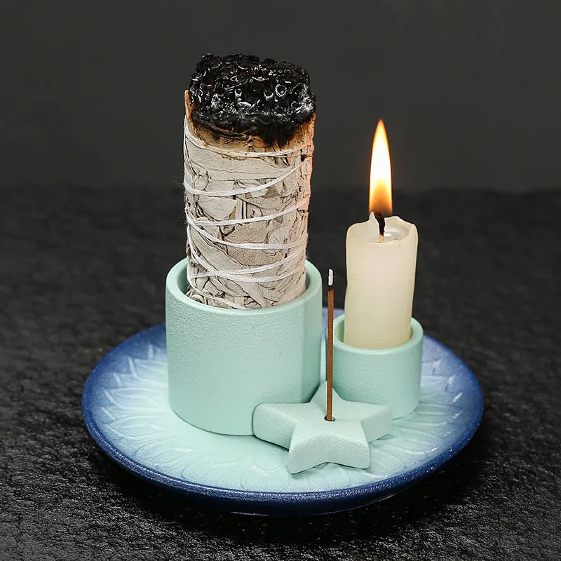 Ceramic Candle Holder Aromatherapy Furnace - Scandinavian Style Home Decor for Relaxation, Meditation, and Creating a Cozy Atmosphere with Sage and Holy Wooden Plate thumbnail 3
