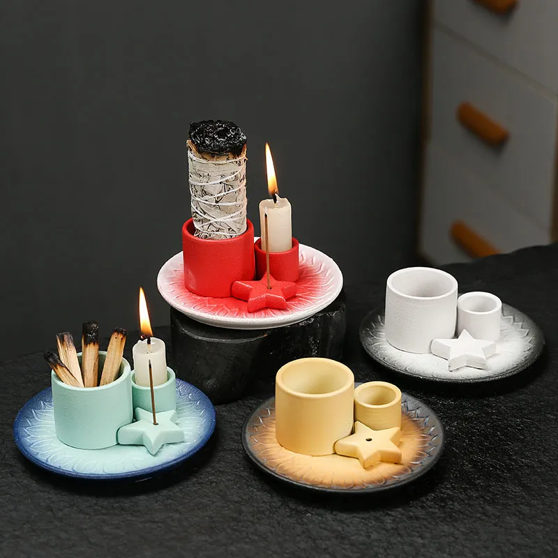 Ceramic Candle Holder Aromatherapy Furnace - Scandinavian Style Home Decor for Relaxation, Meditation, and Creating a Cozy Atmosphere with Sage and Holy Wooden Plate thumbnail 2