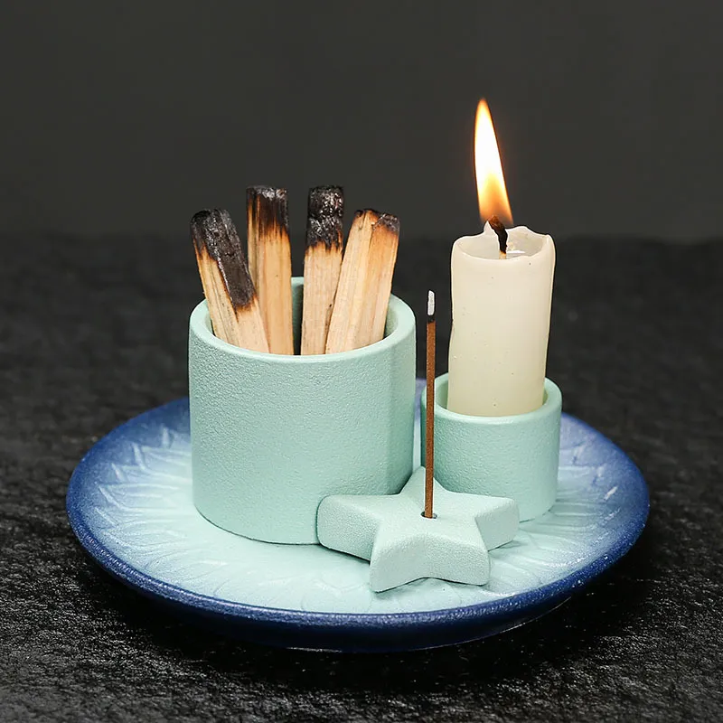 Ceramic Candle Holder Aromatherapy Furnace - Scandinavian Style Home Decor for Relaxation, Meditation, and Creating a Cozy Atmosphere with Sage and Holy Wooden Plate thumbnail 4