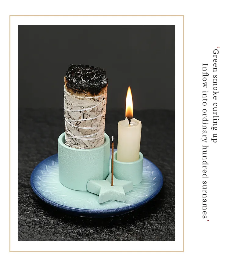 Ceramic Candle Holder Aromatherapy Furnace - Scandinavian Style Home Decor for Relaxation, Meditation, and Creating a Cozy Atmosphere with Sage and Holy Wooden Plate showcase 3