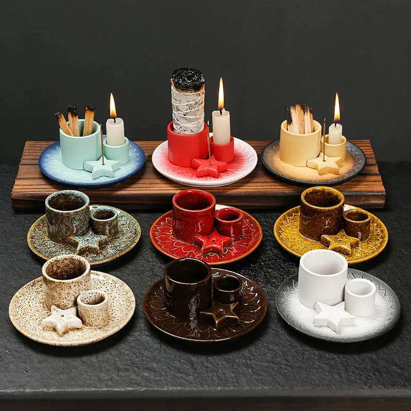 Ceramic Candle Holder Aromatherapy Furnace - Scandinavian Style Home Decor for Relaxation, Meditation, and Creating a Cozy Atmosphere with Sage and Holy Wooden Plate thumbnail 1
