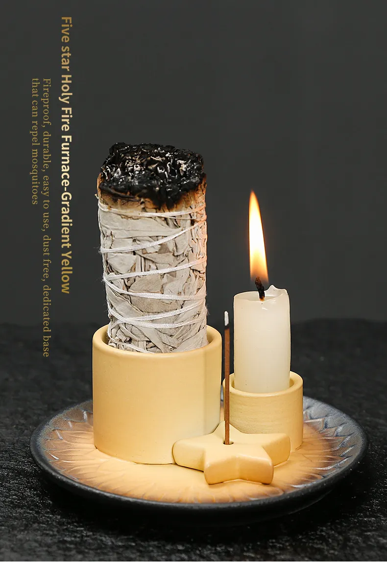 Ceramic Candle Holder Aromatherapy Furnace - Scandinavian Style Home Decor for Relaxation, Meditation, and Creating a Cozy Atmosphere with Sage and Holy Wooden Plate showcase 16